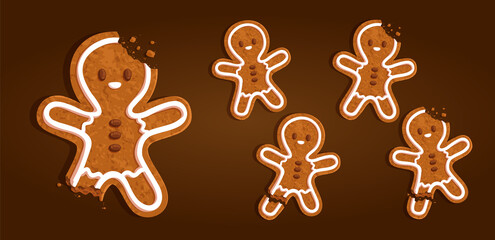 Gingerbread man character cookie set with a torn off leg, bitten head, regular on a brown background, vector illustration