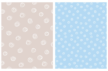 Simple Geometric Seamless Vector Patters. Irregular White Dots on a Light Beige and Pastel Blue Background. Hand Drawn Dotted Print ideal for Fabric, Textile, Wrapping Paper. Cute Nursery Fabric.