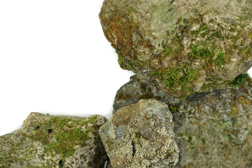 Old stones on a white background overgrown with moss
