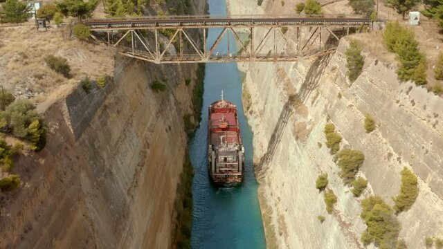 Boat in Transportation Corinth Canal in Aegean Sea in Greece, Aerial