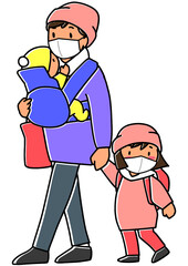 災害時に早めに避難所に避難する子どもを連れた女性
