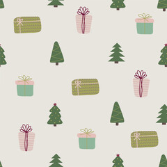 Christmas seamless pattern with cute seasonal elements.: presents, and Christmas trees. Vector illustration in flat style