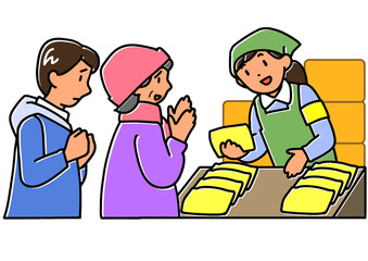 災害時に避難所で物質の配給を受ける避難者の男女
