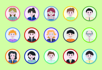 Set of employees in a badge circle shape, flat design, colored, smile and happy