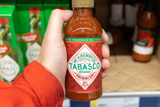 Tyumen, Russia-November 07, 2020: Tabasco brand sauce sriracha bottle of The Original Red sauce, the products in the hypermarket