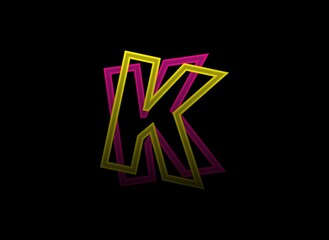 K letter vector desing, shadow font logo. Dynamic split pink, yellow color on black background. For social media,design elements, creative poster, web template