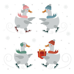 Christmas geese set. Kids illustration. Vector collection of winter geese in  scarves skating on the ice rink in the snowfall. Winter holiday celebration, gifts, ice rink. Baby animals.