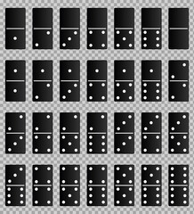 Obraz premium Realistic black domino full set isolated on transparent background. Dominoes bones art design. Vector illustration EPS10