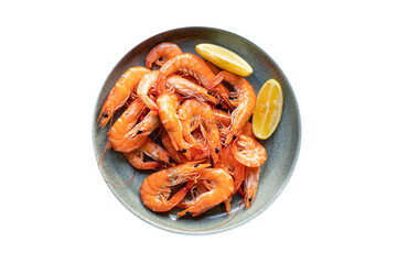 shrimp prawn seafood ready to eat cooked serving on a plate snack top view copy space for text food background rustic