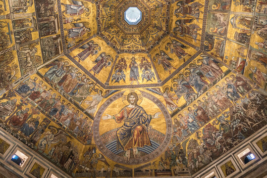 Christ Pantocrator. A Christian Icon Derived From One Of Many Names Of God In Judaism. A Mosaic On The Ceiling Of A Dome Over Golden Background.