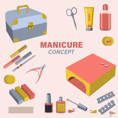 Vector set with nail scissors, polish, cream. Concept for nail studio, salon.