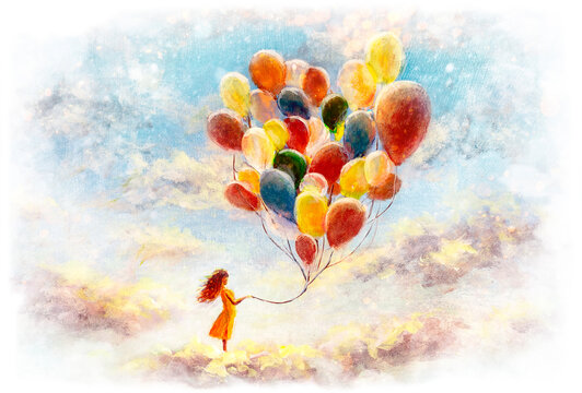 Romantic dream fantasy wedding Painting happiness concept, positive emotions, happy girl with multicolored balloons enjoying on clouds in sky contemporary art