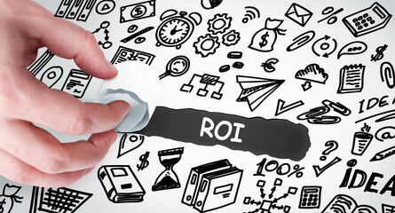 Technology, Internet and network concept. Young businessman shows the word: ROI