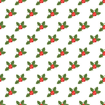 Christmas seamless pattern with holly plant. Simple geometric background with holly leaves and berries. Festive texture for wrapping paper, scrapbooking, crafts, gifts, greeting card. Xmas decoration