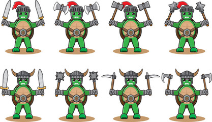 Fototapeta premium Illustration vector graphic cartoon character of Green turtle knight set. Dual weapon set and hand up pose.