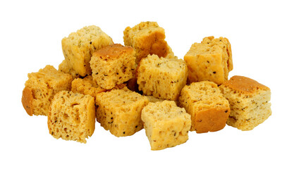 Group of baked crusty bread cube croutons isolated on a white background