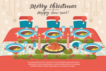 Vector colorful illustration with Christmas food on the table. Cartoon backgrouind on the theme of Happy new year, merry christmas,  feast, banquet. Festive interior, decoration