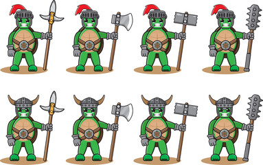 Illustration vector graphic cartoon character of Green turtle knight set.Two handed  weapon set and hand up pose.