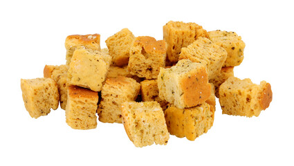 Group of baked crusty bread cube croutons isolated on a white background