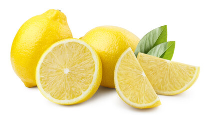 Group of delicious lemons with leaves, isolated on white background