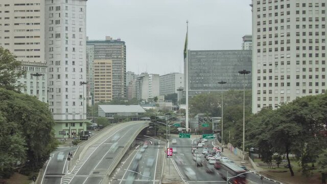 Hyperlapse from Cha viaduct in S&atilde;o Paulo Downtown with vinte e tres de maio avenue, in a cloudy day, Brazil