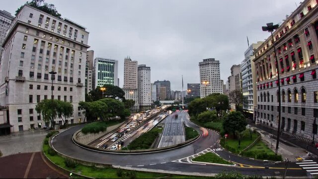 S&atilde;o Paulo Downtown classic view from Cha's Viaduct, timelapse in a cloudy day, Brazil