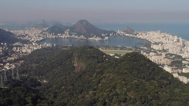 Aerial view of Rio de Janeiro, from Tijuca Forest to south zone, Rodrigo de Freitas Lagoon, Brazil