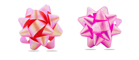 Two pink shiny ribbon gift bow isolated on white background with clipping path.