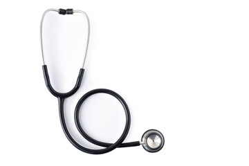 Close-up of Black stethoscope of doctor for checkup on white background. Stethoscope equipment of medical use to diagnose from hear sound. Health care and cardiology concept with copy space.