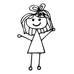 A single element with a girl with loose hair and a bow, drawn in a childish way. Vector Doodle illustration for greeting cards, posters and children's design.