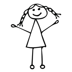 Single element girl with two pigtails, drawn in a childish way. Vector Doodle illustration for greeting cards, posters and children's design.
