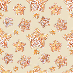 Seamless pattern with gingerbread stars on beige background. Christmas watercolor design for vintage wrapping paper, prints and kitchen decor.