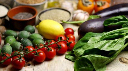 A set of healthy foods for proper nutrition. Vegetables, fruits, cereals, seeds, nuts.