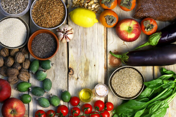 A set of healthy foods for proper nutrition. Vegetables, fruits, cereals, seeds, nuts.