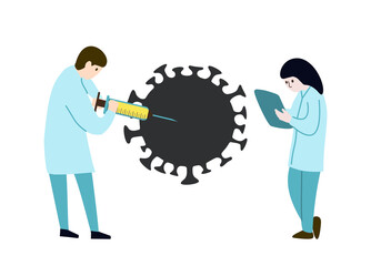 Medical scientists people discovering coronavirus. Medicine concept for researching treatment for corona virus, covid immune protection. Pharmacy science flat vector
