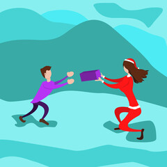 Beautiful Santa Girl Giving a gift box to a little boy