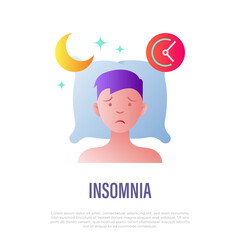 Insomnia: tired man lying on pillow, sleepless, depression, stress. Flat gradient icon. Vector illustration.
