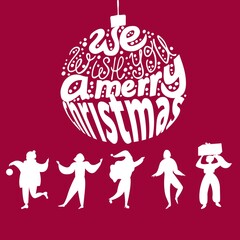 
silhouettes of group of dancing people, Christmas ball with lettering, vector illustration in flat style