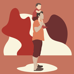Dad holds his little son on his shoulders on the background of abstract geometric shapes flat vector illustration. The concept of fatherhood. 