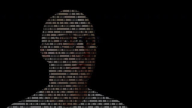 Bald digital man in glasses with binary code. Silhouette of middle aged man in eyeglasses with digital data code isolated on black background