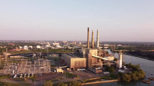 DTE Rouge River Coal Powerplant With Smoke Stack In Michigan, USA. - aerial