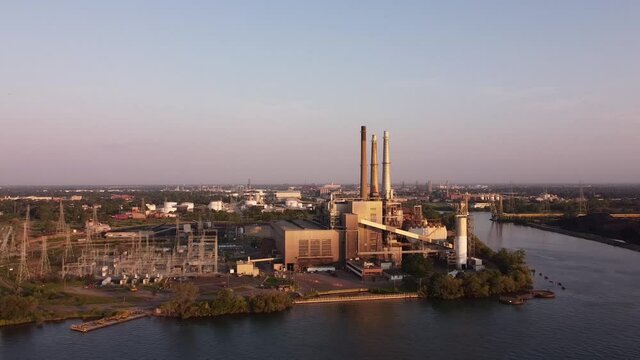 DTE River Rouge Power Plant - Coal-fired Power Station In Detroit, Michigan - drone pullback