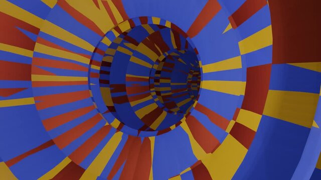 3d tunnel background in grazy colors yellow, blue and red. Dynamic animation, blender 3d render, fullHD resolution movie, abstract animation