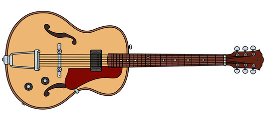 The vectorized hand drawing of a retro semiaccoustic guitar