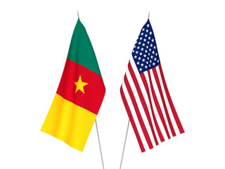 National fabric flags of America and Cameroon isolated on white background. 3d rendering illustration.