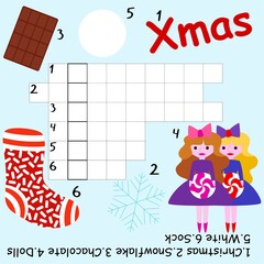 Obraz premium Simple Christmas crossword for kids stock vector illustration. Winter holidays children pastime crossword square printable worksheet with answer. Educational game with cartoon characters for kids