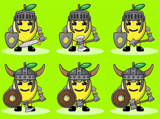 Illustration vector graphic cartoon character of cute Lemon knight. Cute and funny fruit set vector illustration. smile face and hand down pose set. Shield and sword.