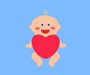 Newborn baby holding a red heart on a blue background. Cartoon. Vector illustration.