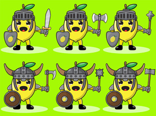 Illustration vector graphic cartoon character of cute Lemon knight. Cute and funny fruit set vector illustration. Big smile face. Shield and sword.