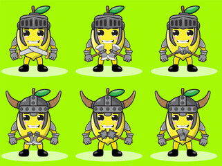 Illustration vector graphic cartoon character of Lemon fruit knight and viking with dual weapon set . Hand down pose set. Cute and funny fruit set vector illustration